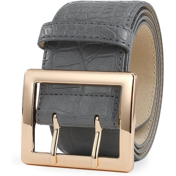 Women Leather Wide Fashion Thick Dress Belt With Gold Buckle Belt Grey Gold - Picture 2 of 7